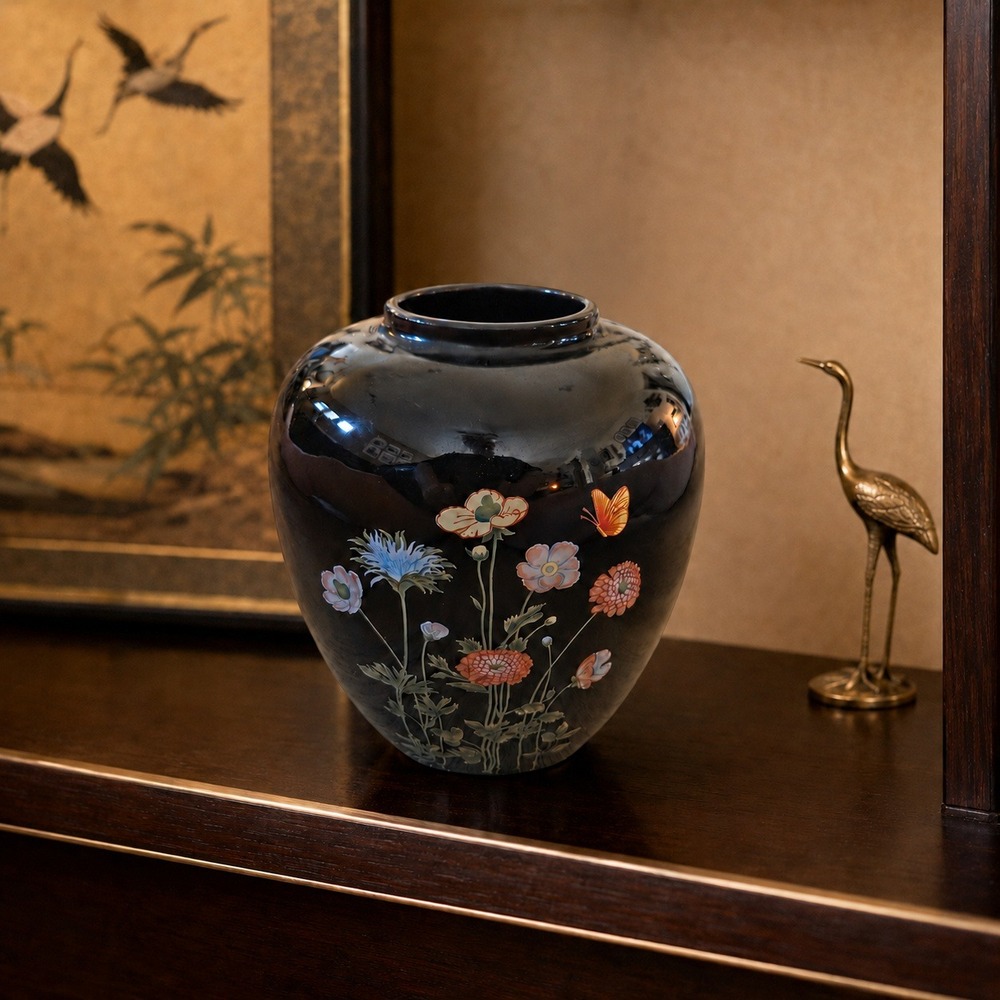Srednick Collection 80s Vintage Black Floral Butterfly Bud Vase Japan 5in